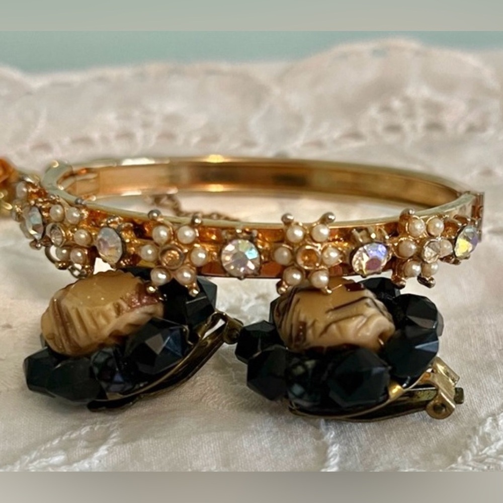 Gold Pearl and Crystal Hinged Bangle Bracelet and wooden clip-ons
